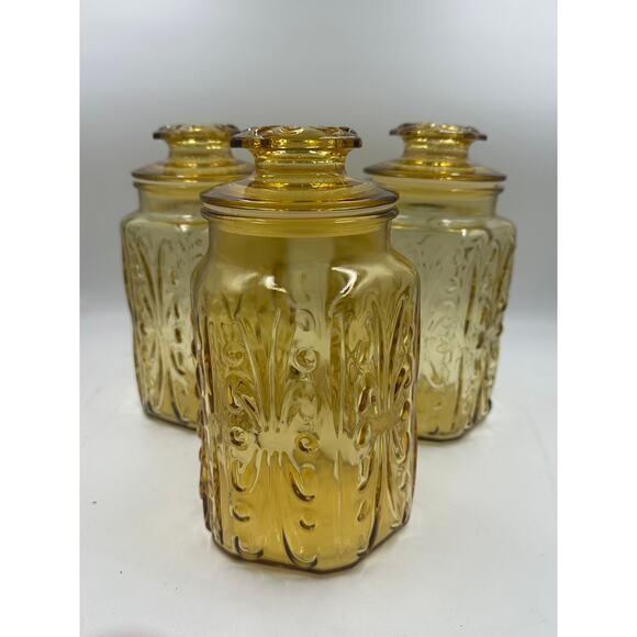 LE Smith Other - Vtg Set of 3 LE Smith Amber Yellow Glass Lidded Canister Imperial Atterbury 9in